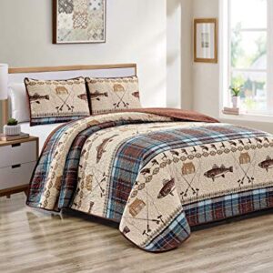 River Fly Fishing Rustic Cabin Lodge Quilt Bedspread Bedding Set with Fishing and Southwestern Plaid Tweed Patterns Blue Brown - River Lodge (King / Cal-King)