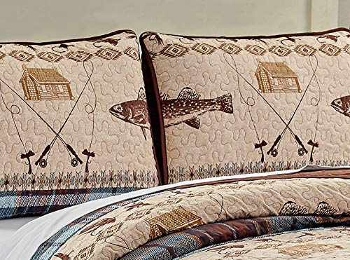 River Fly Fishing Rustic Cabin Lodge Quilt Bedspread Bedding Set with Fishing and Southwestern Plaid Tweed Patterns Blue Brown - River Lodge (King / Cal-King)