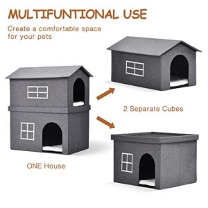 APEXCHASER 2-Tier Cat House, Large Fabric Cubes for Pets Collapsible Warm Cat Condo for Indoor, Cat Shelter with Removable Mat, Easy to Assemble and Storage