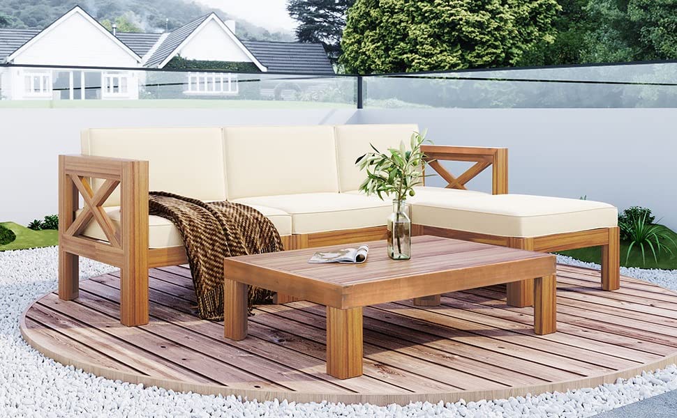 Quarte 5 Piece Outdoor Acacia Wood Sofa Set, X-Back Frames Design, Sectional Sofa Seating Group Set with Cushions