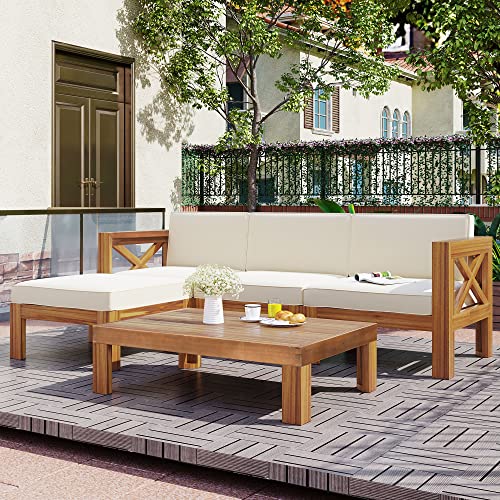 Quarte 5 Piece Outdoor Acacia Wood Sofa Set, X-Back Frames Design, Sectional Sofa Seating Group Set with Cushions