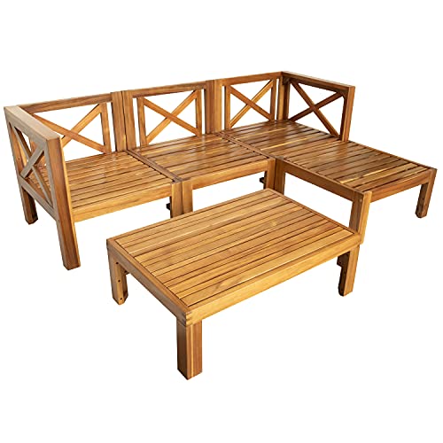 Quarte 5 Piece Outdoor Acacia Wood Sofa Set, X-Back Frames Design, Sectional Sofa Seating Group Set with Cushions