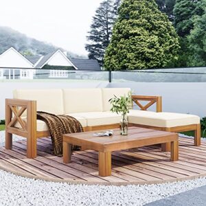 Quarte 5 Piece Outdoor Acacia Wood Sofa Set, X-Back Frames Design, Sectional Sofa Seating Group Set with Cushions