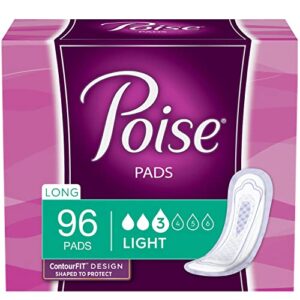 poise incontinence pads for women, light absorbency, long length, 96 count (4 packs of 24) (packaging may vary)