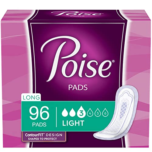 Poise Incontinence Pads for Women, Light Absorbency, Long Length, 96 Count (4 Packs of 24) (Packaging May Vary)