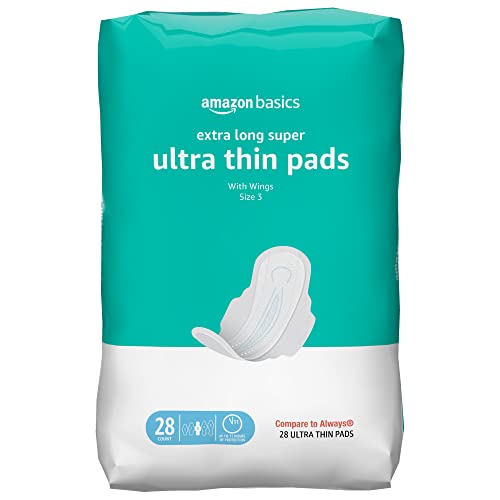 Amazon Basics Ultra Thin Pads with Flexi-Wings for Periods, Extra Long Length, Super Absorbency, Unscented, Size 3, 28 Count, 1 Pack (Previously Solimo)