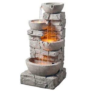 teamson home water 4 tiered bowls floor stacked stone waterfall fountain with led lights and pump for outdoor patio garden backyard decking décor, 33 inch tall, gray