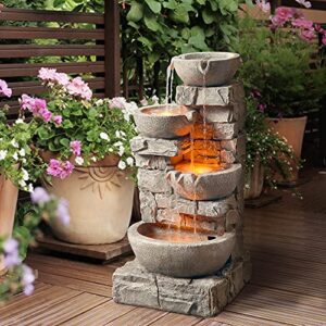 Teamson Home Water 4 Tiered Bowls Floor Stacked Stone Waterfall Fountain with LED Lights and Pump for Outdoor Patio Garden Backyard Decking Décor, 33 inch Tall, Gray