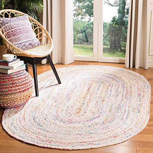 Agro Richer Rug White Chindi Cotton Multi Oval Shape Area Rug Hand Braided Multicolored Home Living Room Floor Carpet Living Room Farmhouse Carpet Rag Rug (90 x 300 Cm (3x10 Feet))