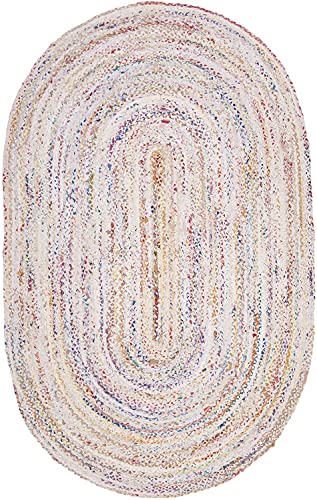 Agro Richer Rug White Chindi Cotton Multi Oval Shape Area Rug Hand Braided Multicolored Home Living Room Floor Carpet Living Room Farmhouse Carpet Rag Rug (90 x 300 Cm (3x10 Feet))