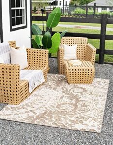 unique loom modern collection botanical, high-low pile, contemporary, vintage, indoor and outdoor area rug, 6′ 0″ x 9′ 0″, ivory/brown