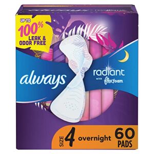 always radiant feminine pads for women, size 4 overnight absorbency, multipack, with flexfoam, with wings, scented, 20 count x 3 packs (60 count total)