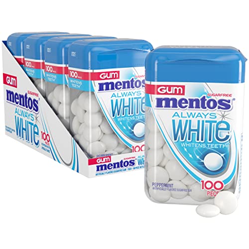 Mentos Always White Sugar-Free Chewing Gum with Xylitol, Peppermint, 100 Piece Bottle (Pack of 4)