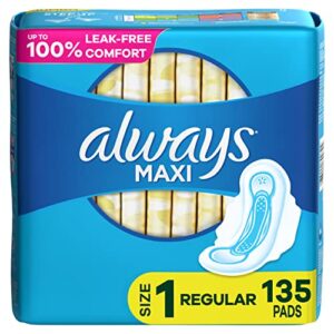 always maxi feminine pads for women, size 1 regular absorbency, multipack, with wings, with flexfoam, unscented, 45 count x 3 packs (135 count total)