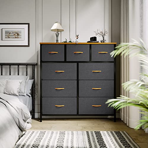 YITAHOME Dresser with 9 Drawers - Fabric Storage Tower, Organizer Unit for Bedroom, Living Room, Hallway, Closets & Nursery - Sturdy Steel Frame, Wooden Top & Easy Pull Fabric Bins (Dark Grey)