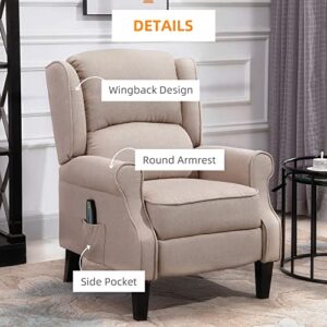 HOMCOM Vibrating Massage Recliner Chair for Living Room, Reclining Wingback Single Sofa with Heat, Linen Fabric Push Back Accent Chair with Footrest, Side Pocket, Beige