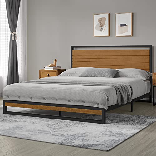 Yaheetech 37 Inch Solid Pine Wood Platform Bed Frame with Headboard Solid Wood & Steel Construction No Box Spring Needed Wood Slat Support Easy Assembly Chestnut Brown Queen