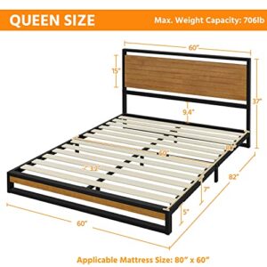 Yaheetech 37 Inch Solid Pine Wood Platform Bed Frame with Headboard Solid Wood & Steel Construction No Box Spring Needed Wood Slat Support Easy Assembly Chestnut Brown Queen