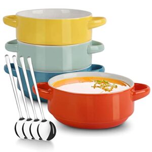 good always 22 oz bowls, set of 4 soup bowls with handles and soup soops, ceramic serving bowls for salad, cereal, french onion soup, dishwasher, microwave, oven, stackable bowls for kitchen