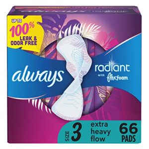 always radiant feminine pads for women, size 3 extra heavy flow absorbency, with flexfoam, with wings, unscented, 66 count