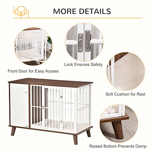 PawHut Wooden Dog Kennel, End Table Furniture with Cushion & Lockable Magnetic Doors, Small Size Pet Crate Indoor Puppy Cage, Grey