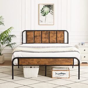 vecelo bed frame size heavy duty metal platform with wooden headboard footboard mattress foundation 12 strong steel slats support under bed storage/easy assemble