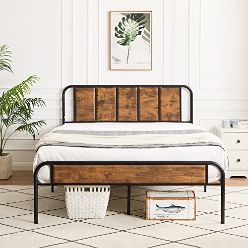 VECELO Bed Frame Size Heavy Duty Metal Platform with Wooden Headboard Footboard Mattress Foundation 12 Strong Steel Slats Support Under Bed Storage/Easy Assemble