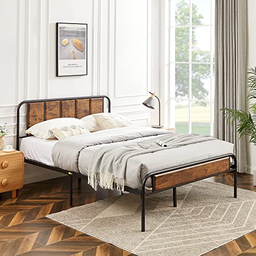 VECELO Bed Frame Size Heavy Duty Metal Platform with Wooden Headboard Footboard Mattress Foundation 12 Strong Steel Slats Support Under Bed Storage/Easy Assemble