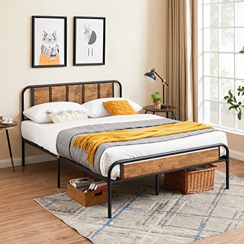 VECELO Bed Frame Size Heavy Duty Metal Platform with Wooden Headboard Footboard Mattress Foundation 12 Strong Steel Slats Support Under Bed Storage/Easy Assemble