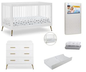 delta children sloane crib 7-piece baby nursery furniture set–includes: convertible crib, dresser, changing top, crib mattress, fitted sheets, toddler guardrail & changing pad, white w/melted bronze