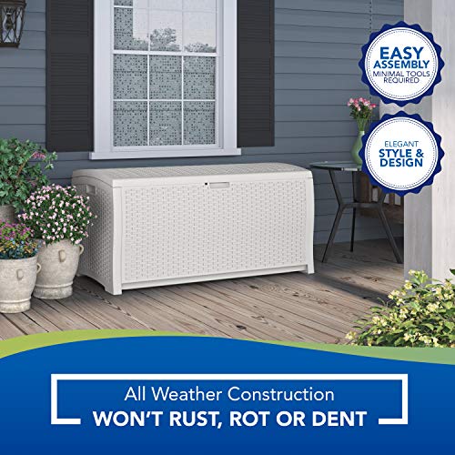 Suncast 99 Gallon Resin Wicker Patio Storage Box - Water Resistant Outdoor Storage Container for Toys, Furniture, Yard Tools - Store Items on Deck, Porch, Backyard - White