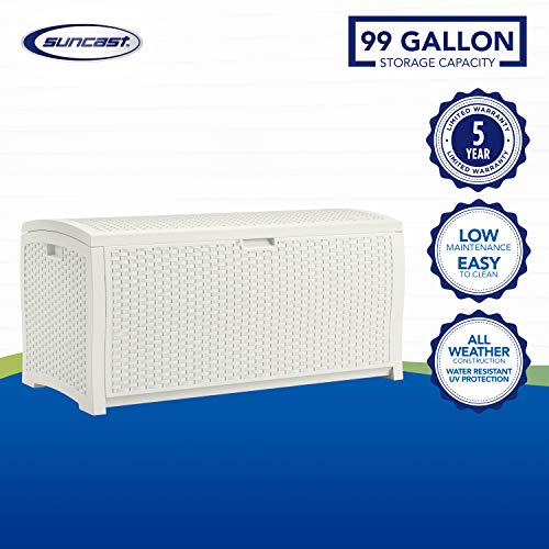 Suncast 99 Gallon Resin Wicker Patio Storage Box - Water Resistant Outdoor Storage Container for Toys, Furniture, Yard Tools - Store Items on Deck, Porch, Backyard - White