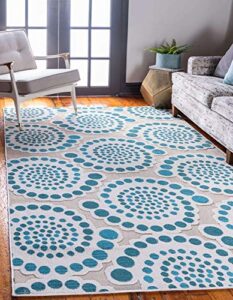 unique loom modern collection geometric, contemporary, circles, swirls, high-low pile, indoor and outdoor area rug, 7 ft x 10 ft, ivory/teal
