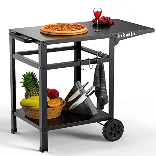 Inkmin Outdoor Dining Cart Double-Shelf Movable Table Stainless Steel Pizza Oven Trolley BBQ Stand Commercial Multifunctional Kitchen Food Prep Worktable