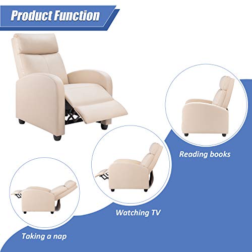 Tuoze Recliner Chair Modern PU Leather Recliners Chair Adjustable Home Theater Seating with Sofa Padded Cushion (Beige)