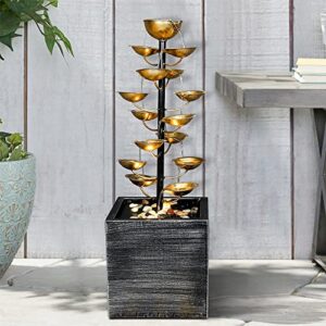 sunjet 31.1inches modern metal water fountain, multi-tier floor-standing water fountain cascading fountain with lights & rocks for indoor/outdoor art decor