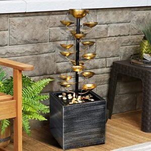 SunJet 31.1inches Modern Metal Water Fountain, Multi-Tier Floor-Standing Water Fountain Cascading Fountain with Lights & Rocks for Indoor/Outdoor Art Decor