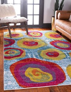 unique loom lyon collection colorful modern abstract floral area rug, 4 x 6 feet, blue/yellow