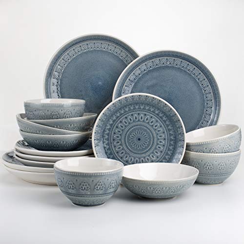 Euro Ceramica Fez 16 Piece Double Bowl Stoneware Reactive Crackleglaze Dinnerware Set, Service for 4, Teardrop Medallion Design, Grey