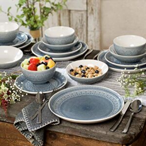 Euro Ceramica Fez 16 Piece Double Bowl Stoneware Reactive Crackleglaze Dinnerware Set, Service for 4, Teardrop Medallion Design, Grey