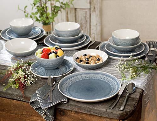 Euro Ceramica Fez 16 Piece Double Bowl Stoneware Reactive Crackleglaze Dinnerware Set, Service for 4, Teardrop Medallion Design, Grey