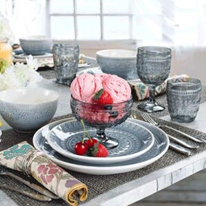 Euro Ceramica Fez 16 Piece Double Bowl Stoneware Reactive Crackleglaze Dinnerware Set, Service for 4, Teardrop Medallion Design, Grey