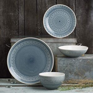 Euro Ceramica Fez 16 Piece Double Bowl Stoneware Reactive Crackleglaze Dinnerware Set, Service for 4, Teardrop Medallion Design, Grey