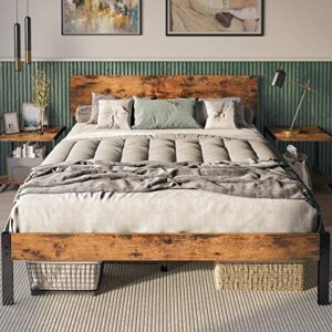 likimio queen bed frame with headboard, strong steel slat support, tool-free assembly, underbed storage space, no box spring needed