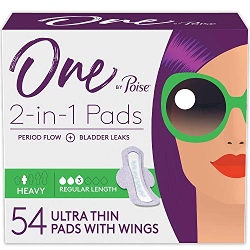 One by Poise Feminine Pads with Wings (2-in-1 Period & Bladder Leakage Pad for Women), Heavy Absorbency for Period Flow, Light Absorbency for Bladder Leaks, 18 Count (Pack of 3) Total 54 Count