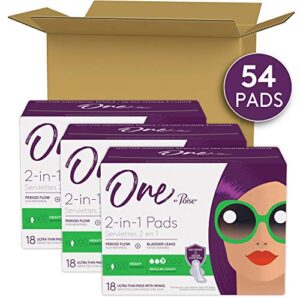 One by Poise Feminine Pads with Wings (2-in-1 Period & Bladder Leakage Pad for Women), Heavy Absorbency for Period Flow, Light Absorbency for Bladder Leaks, 18 Count (Pack of 3) Total 54 Count