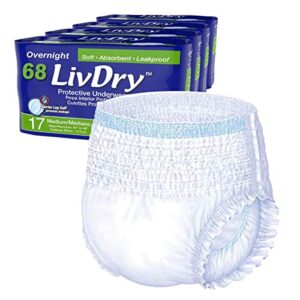 livdry adult m incontinence underwear, overnight comfort absorbency, leak protection, medium, 68-pack