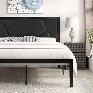 sha cerlin modern queen size metal bed frame with geometric litchi grain leather upholstered headboard, platform bed with 12″ under-bed storage space, metal slat support,no box spring needed, black