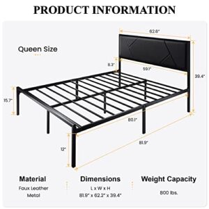 SHA CERLIN Modern Queen Size Metal Bed Frame with Geometric Litchi Grain Leather Upholstered Headboard, Platform Bed with 12" Under-Bed Storage Space, Metal Slat Support,No Box Spring Needed, Black