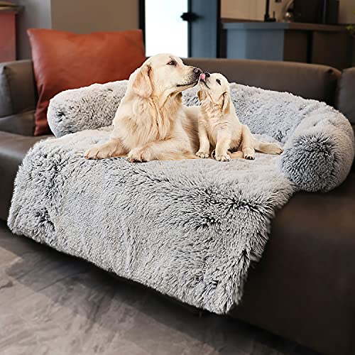 Tinaco Luxurious Calming Dogs/Cats Bed Mats, Washable Removable Couch Cover, Plush Long Fur Mat for Pets, Waterproof Lining, Perfect for Small, Medium and Large Dogs and Cats (Gradient Gray, XL)